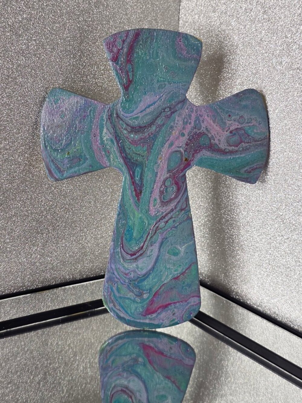 Hand-Poured Fluid Art Wooden Cross - Iris & Teal - Small Decor